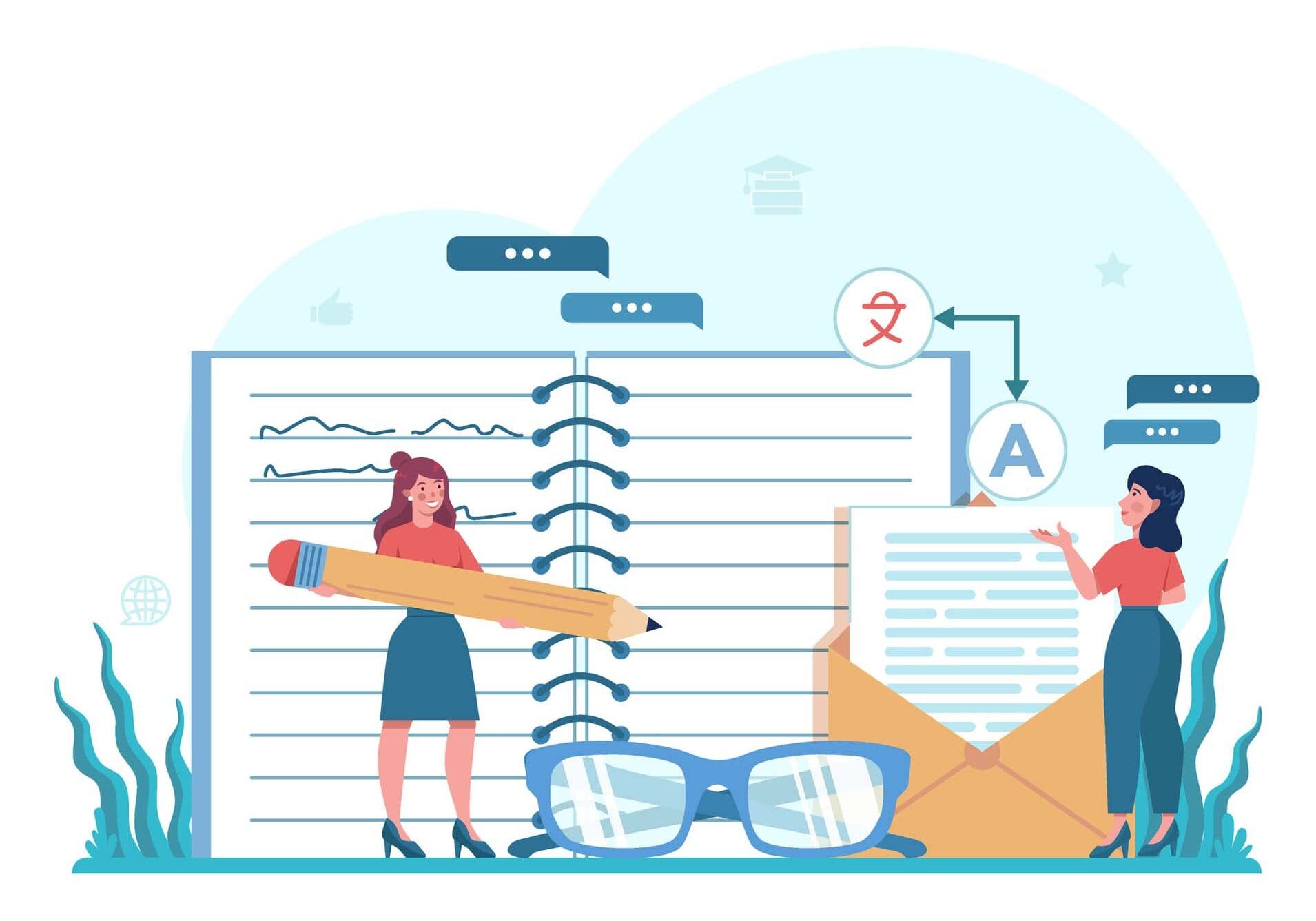 Translator and translation service concept set. Polyglot translating document, books and speach. Multilanguage translator using dictionary. Isolated vector illustration