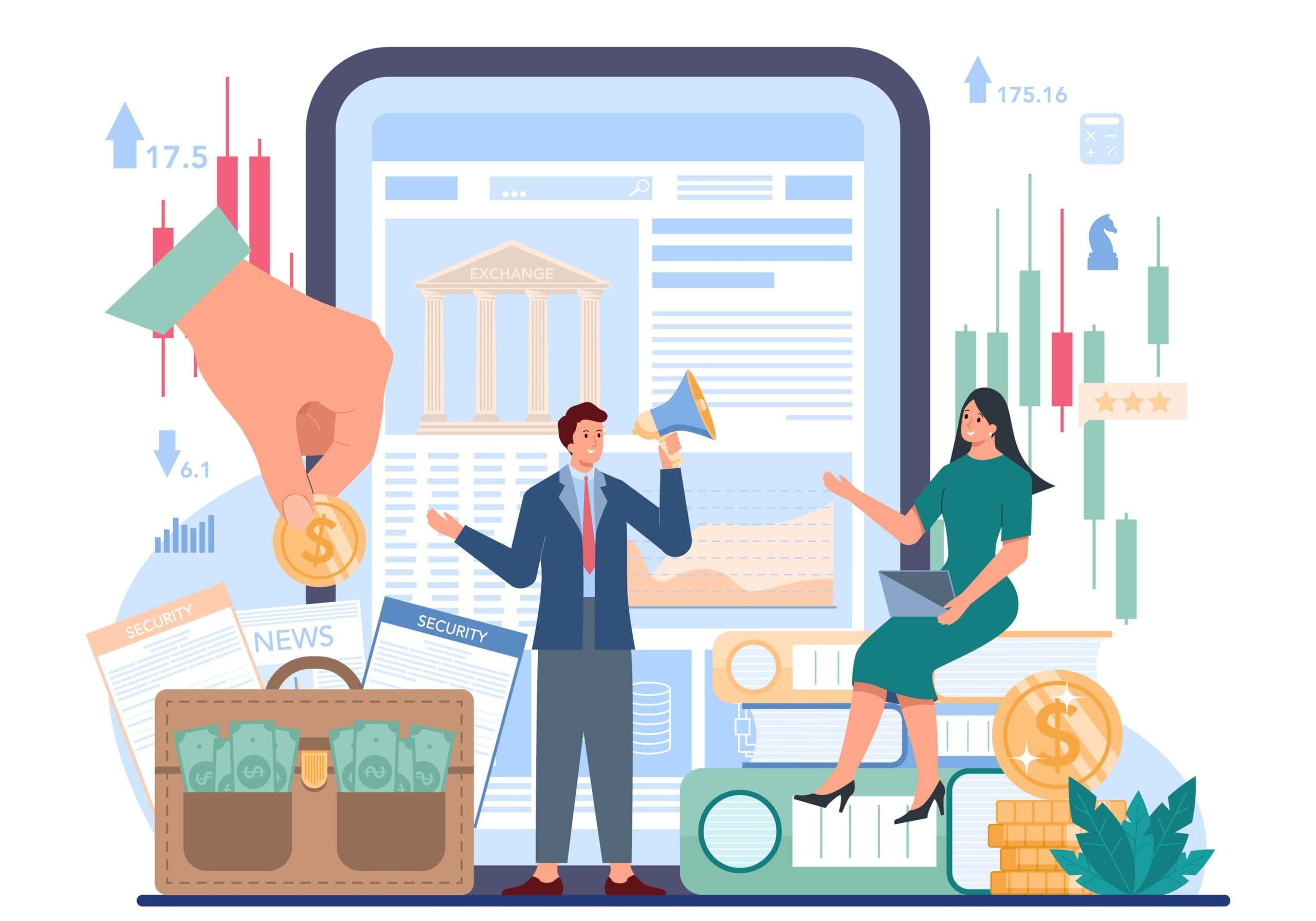 Trader, financial investment online service or platform. Stock market analysis. Idea of money increase. Online financial news platform. Vector illustration